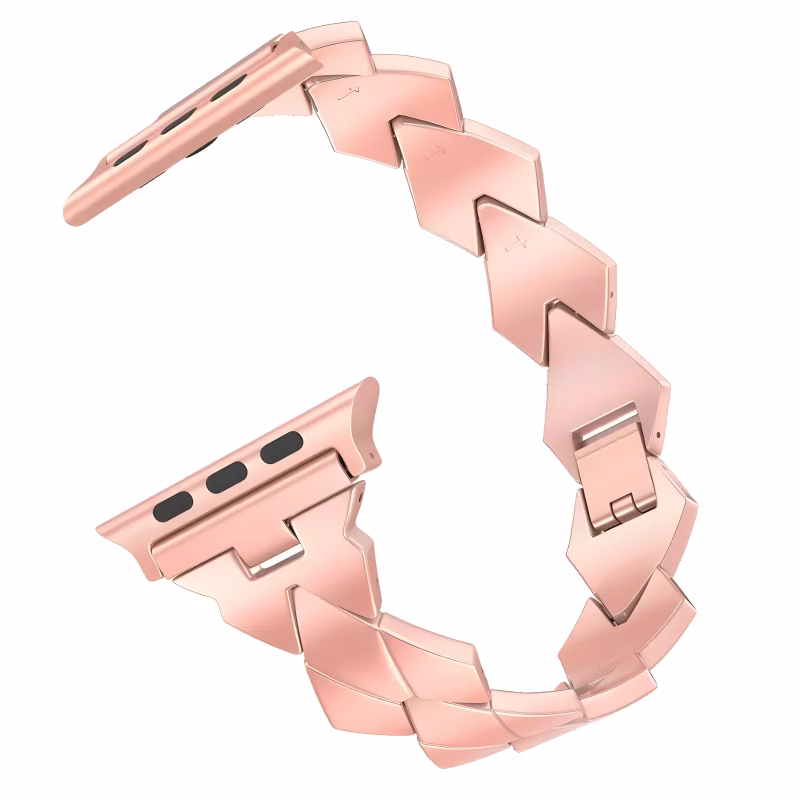 Bracelet Apple Watch EzStrap en métal rose doré, style élégant avec maillons en chevrons lisses et brillants, présenté en gros plan sur fond blanc.
