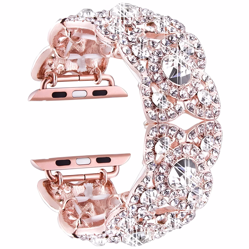 Bracelet Apple Watch Acier Inoxydable à Maillons Décoratifs Sertis de Cristaux - EzStrap - Or Rose