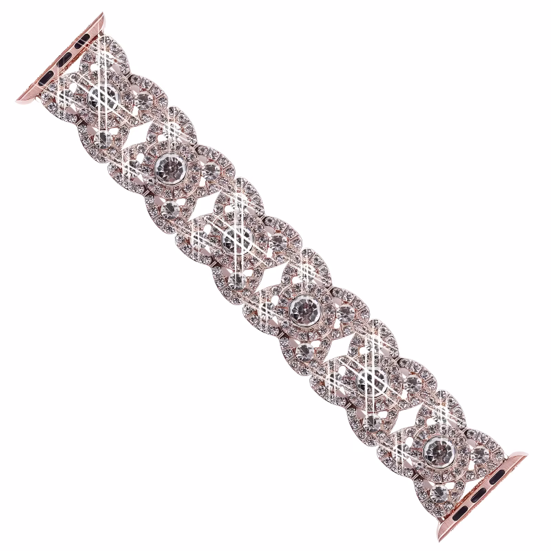 Bracelet Apple Watch EzStrap en métal de style luxe, avec maillons décoratifs sertis de cristaux scintillants, présenté en gros plan sur fond blanc.