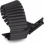Bracelet Apple Watch EzStrap en métal brossé noir, style élégant avec maillons flexibles extensibles, présenté en gros plan sur fond blanc.