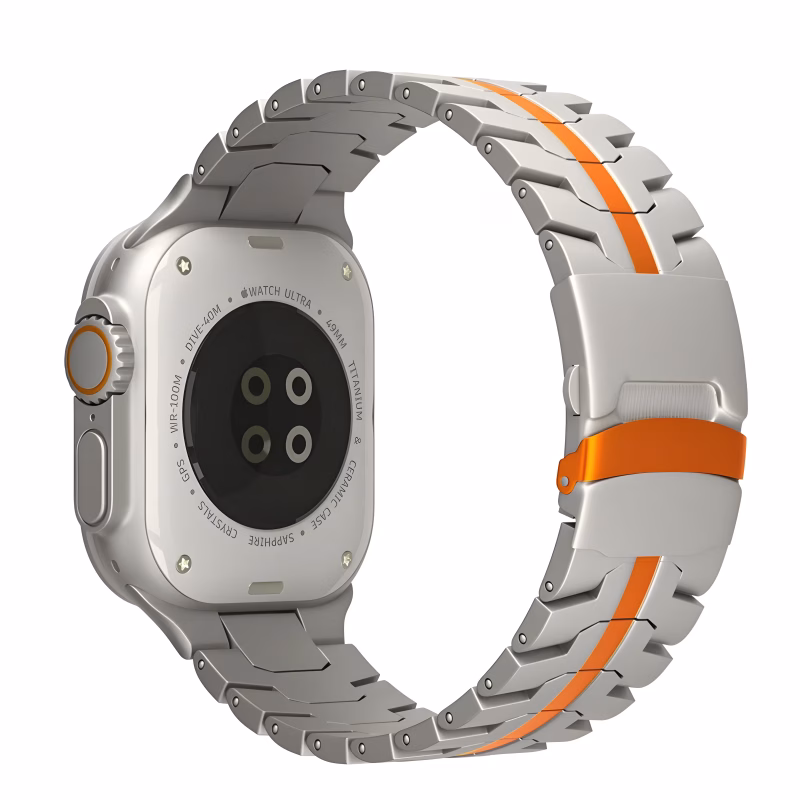 Bracelet Apple Watch Acier Inoxydable à Maillons Segmentés avec Ligne Centrale - EzStrap - Titane/Orange