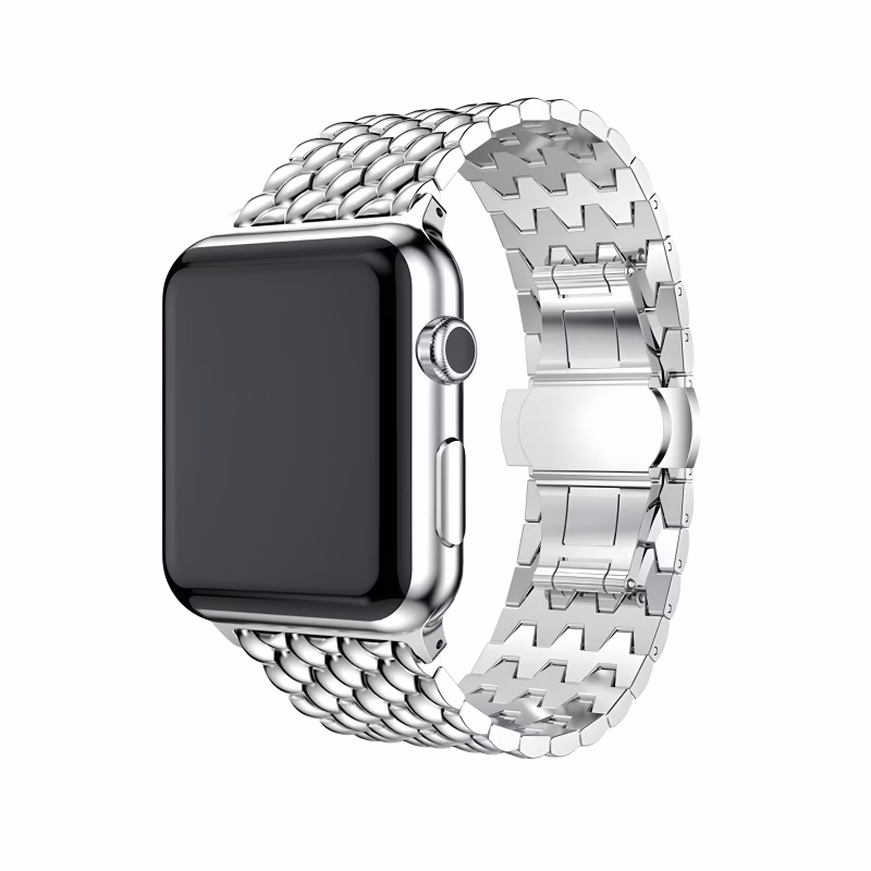 Bracelet Apple Watch EzStrap en métal finition alliage de zinc, design grain de riz, au style luxe et surface lisse, présenté en gros plan sur fond blanc.