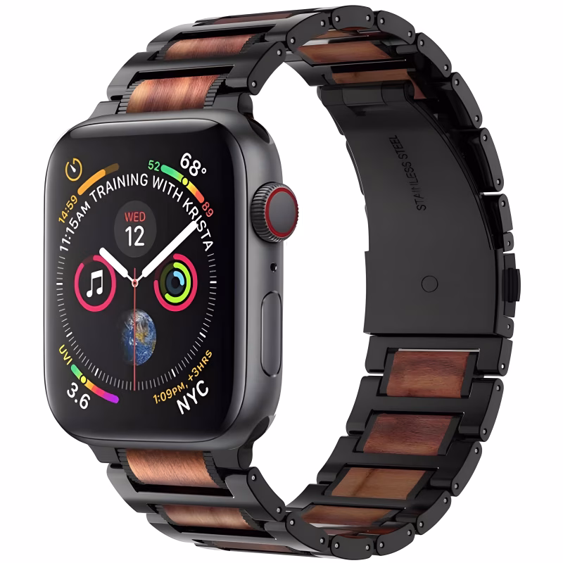 Bracelet Apple Watch EzStrap en métal noir avec inserts en bois de santal lisse, de style luxe, présenté en gros plan sur montre allumée.