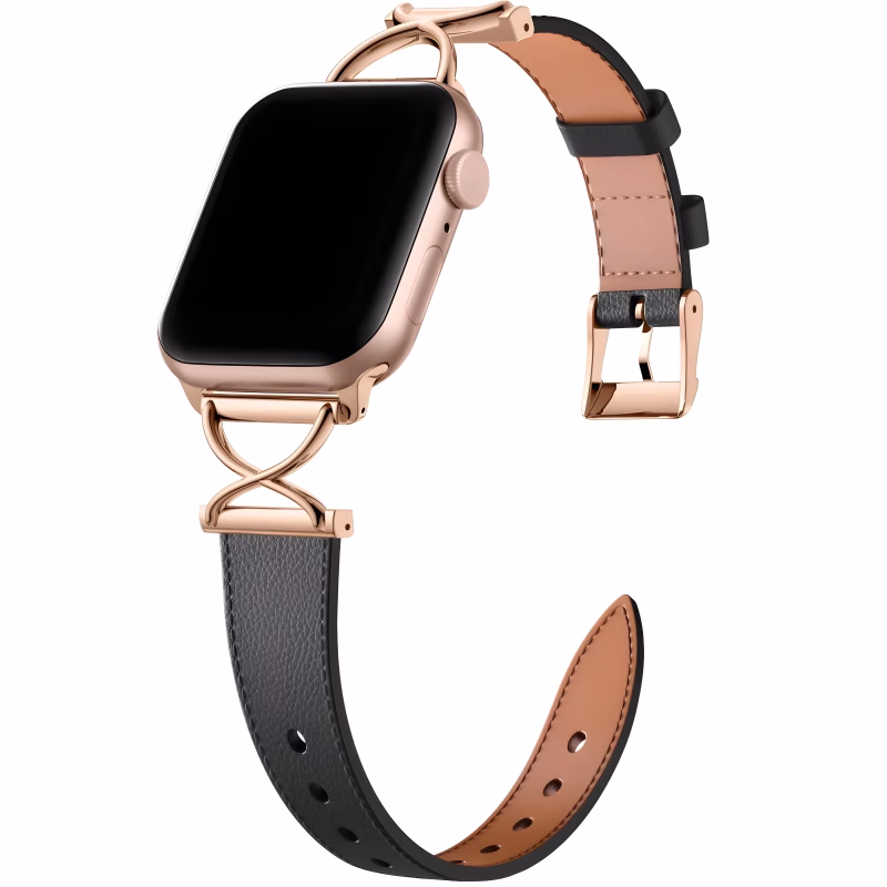 Bracelet Apple Watch EzStrap en cuir grainé noir avec fixation en métal doré en forme de X, style luxe, présenté en gros plan sur fond blanc.