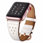 Bracelet Apple Watch EzStrap en cuir lisse blanc au style élégant, avec détails perforés, présenté en gros plan sur fond blanc.