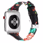 Bracelet Apple Watch EzStrap en cuir lisse noir au motif floral imprimé, affiché en gros plan sur fond blanc.