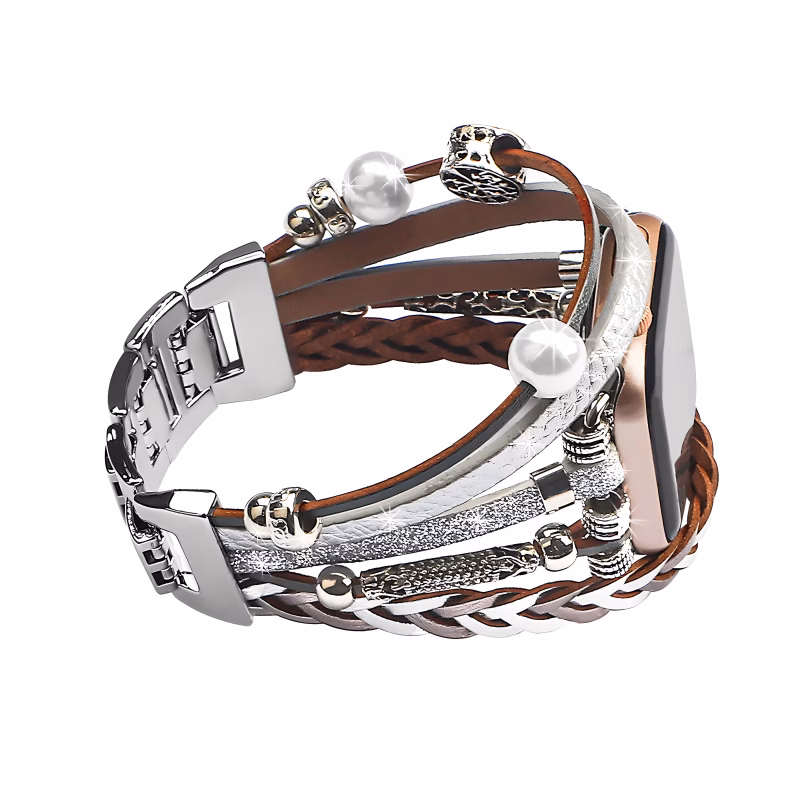 Bracelet Apple Watch Cuir Multibrins à Ornements Métalliques - EzStrap - Blanc/Marron