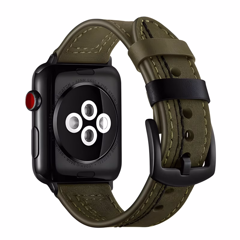 Bracelet Apple Watch Cuir à Surpiqûres Décoratives - EzStrap - Kaki/Noir