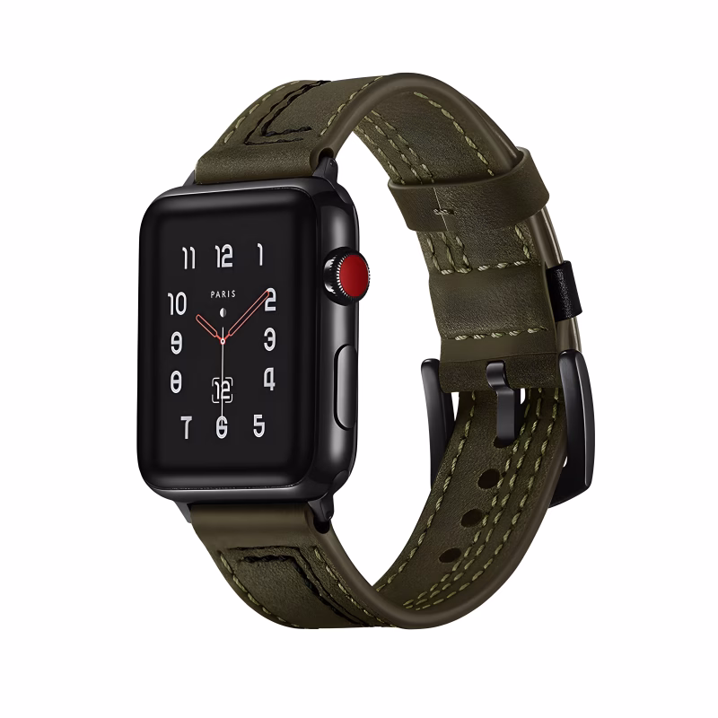 Bracelet Apple Watch EzStrap en cuir texturé kaki au style élégant, avec surpiqûres décoratives vert clair, présenté en gros plan sur fond blanc.