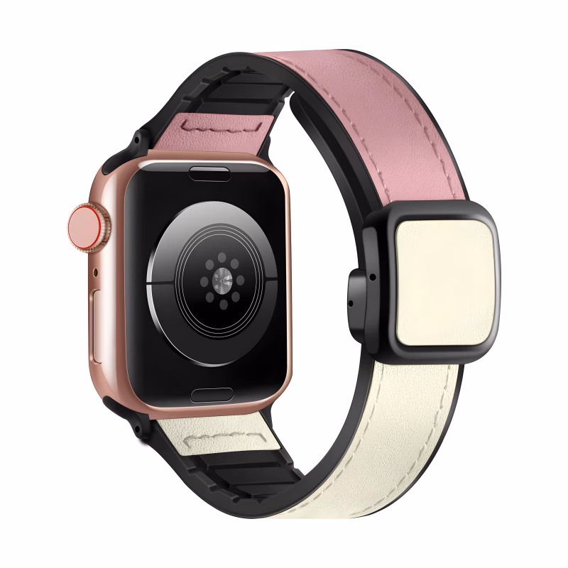 Bracelet Apple Watch Cuir Véritable Doublure Silicone Ergonomique - EzStrap - Rose/Beige
