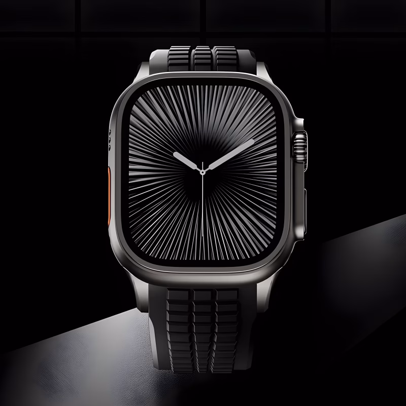 Bracelet Apple Watch EzStrap en caoutchouc texturé à surface quadrillée, style sport, monté sur une montre posée en lumière tamisée sur fond noir.