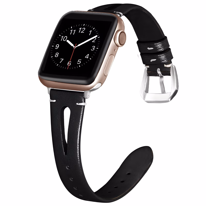 Bracelet Apple Watch EzStrap en cuir noir lisse avec fente ornementale, présenté en gros plan sur fond blanc.