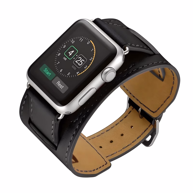 Bracelet Apple Watch EzStrap en cuir noir lisse de style manchette, design haut de gamme, présenté en gros plan sur fond blanc.