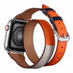Bracelet Apple Watch EzStrap en cuir lisse de style double tour, design premium, avec boucle en métal, présenté en gros plan sur fond blanc.