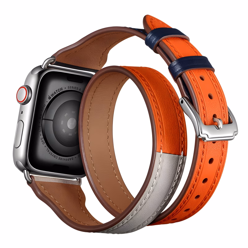 Bracelet Apple Watch EzStrap en cuir lisse de style double tour, design premium, avec boucle en métal, présenté en gros plan sur fond blanc.