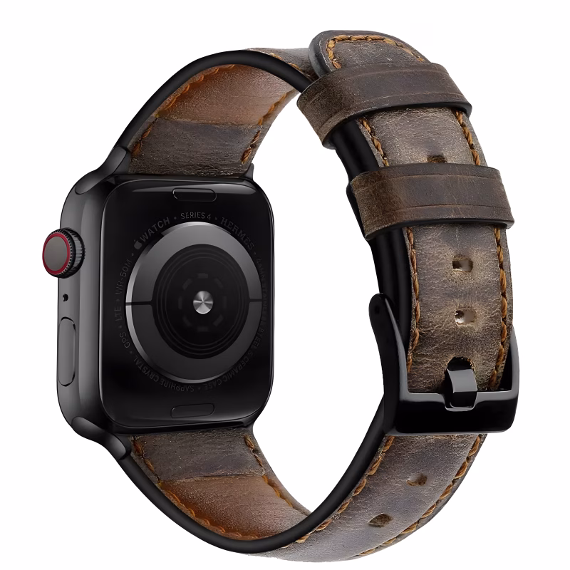 Bracelet Apple Watch EzStrap en cuir patiné texturé de style traditionnel et élégant, avec boucle en métal noir, présenté en gros plan sur fond blanc.