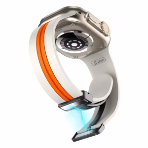 Bracelet Apple Watch EzStrap en silicone lisse de style sport, avec bande centrale orange, présenté en gros plan flottant sur fond blanc.