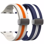 Bracelet Apple Watch EzStrap en silicone lisse, style sport, avec bande centrale colorée orange ou blanche, présenté en gros plan sur fond blanc.