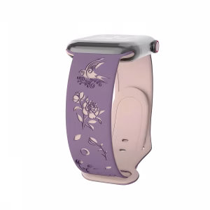 Bracelet Apple Watch en Silicone Doux Décor Floral et Oiseau Stylisé - EzStrap - Violet/Beige Clair
