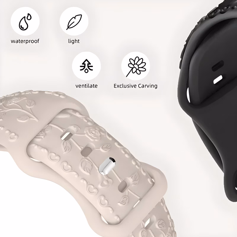 Bracelet Apple Watch EzStrap en silicone texturé élégant, avec motif floral en relief 3D, présenté en gros plan sur fond gris clair.