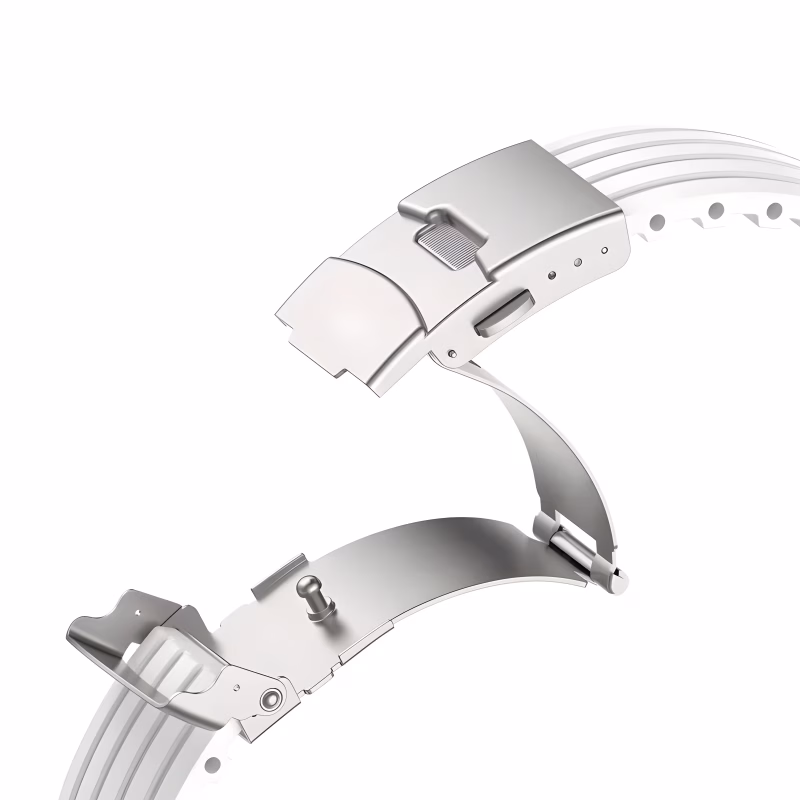 Bracelet Apple Watch EzStrap en silicone blanc texturé, style sport, avec boucle déployante en métal, présenté en gros plan sur fond blanc.