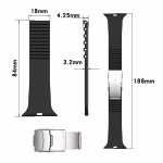 Bracelet Apple Watch EzStrap en silicone texturé de style sport, avec boucle déployante en métal, présenté à plat avec dimensions annotées sur fond blanc.