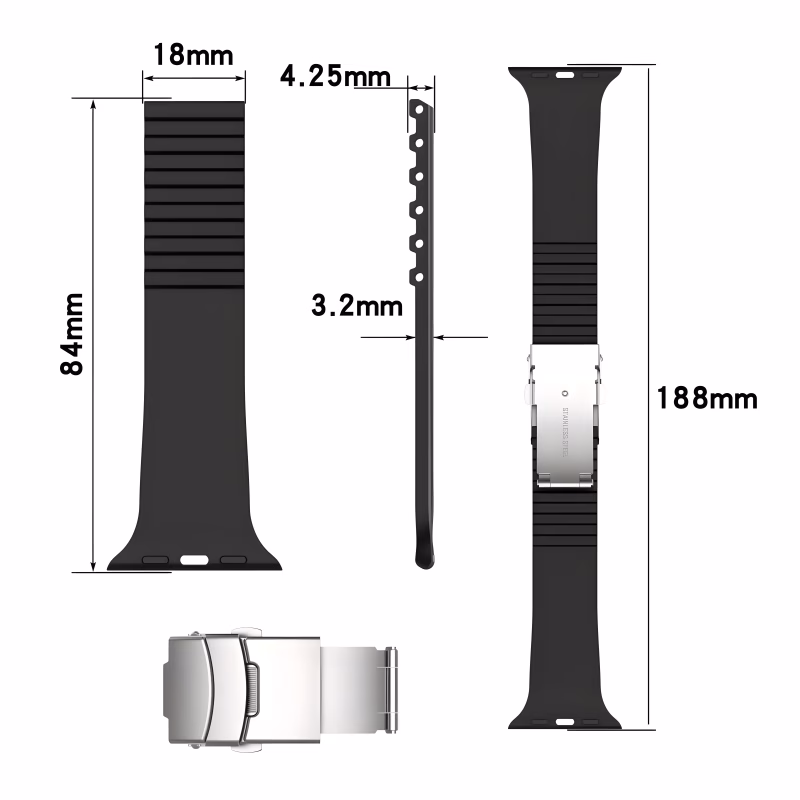 Bracelet Apple Watch EzStrap en silicone texturé de style sport, avec boucle déployante en métal, présenté à plat avec dimensions annotées sur fond blanc.