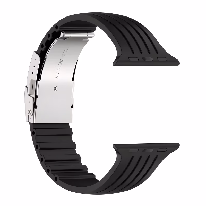 Bracelet Apple Watch EzStrap en silicone noir texturé de style sport, avec boucle déployante en métal, présenté en gros plan sur fond blanc.