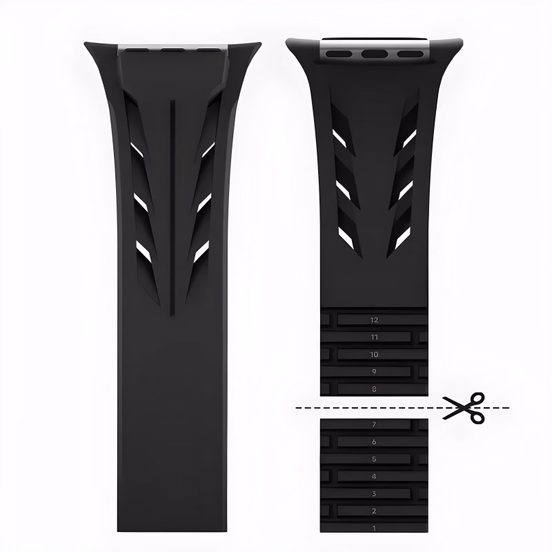 Bracelet Apple Watch EzStrap en silicone noir de style sport, avec fentes dynamisées texturées, présenté en gros plan sur fond gris clair.