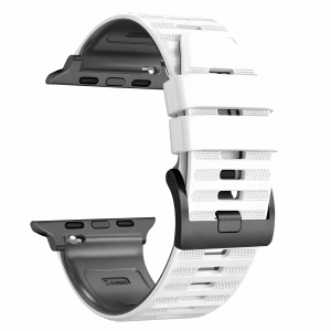 Bracelet Apple Watch EzStrap en plastique texturé bicolore noir et rouge, de style sport avec boucle classique, présenté en gros plan sur fond blanc.