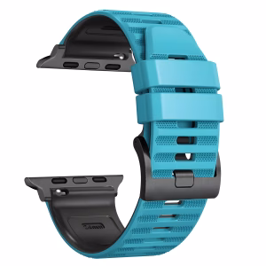 Bracelet Apple Watch EzStrap en plastique texturé bicolore noir et rouge, de style sport avec boucle classique, présenté en gros plan sur fond blanc.