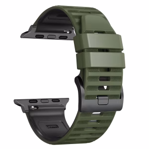 Bracelet Apple Watch EzStrap en plastique texturé bicolore noir et rouge, de style sport avec boucle classique, présenté en gros plan sur fond blanc.