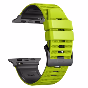 Bracelet Apple Watch EzStrap en plastique texturé bicolore noir et rouge, de style sport avec boucle classique, présenté en gros plan sur fond blanc.