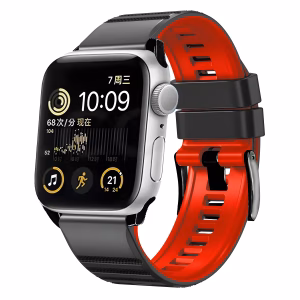 Bracelet Apple Watch EzStrap en plastique texturé bicolore noir et rouge, de style sport avec boucle classique, présenté en gros plan sur fond blanc.