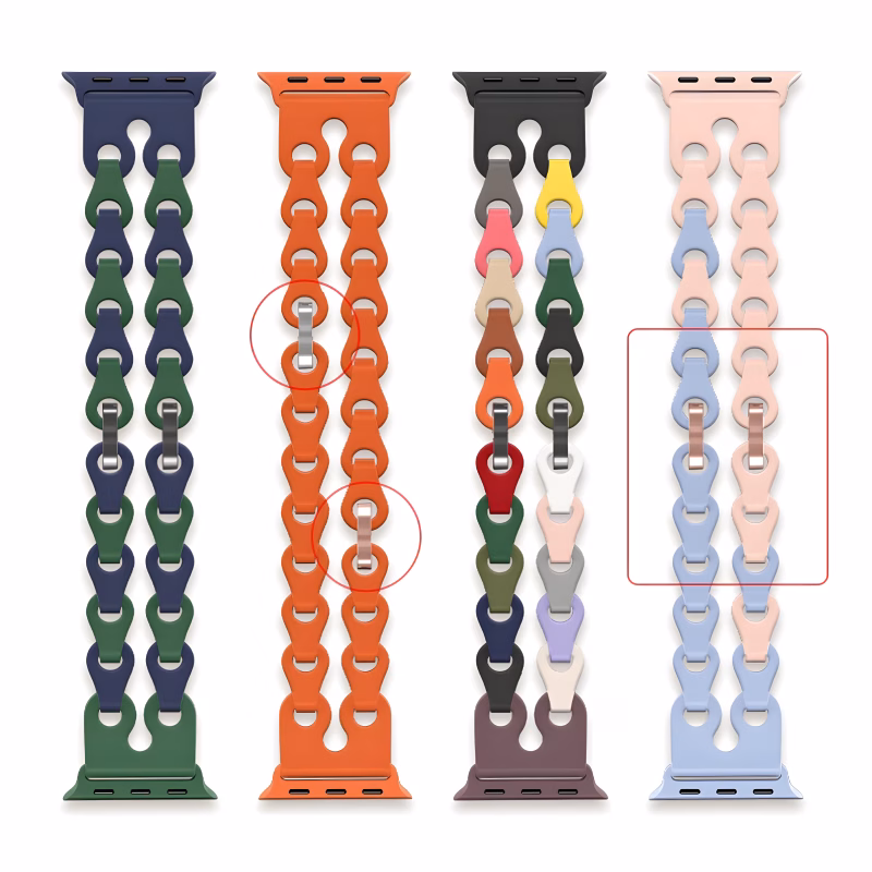 Bracelet Apple Watch EzStrap en silicone mat de style sport, à structure chaînée flexible et coloris variés, présenté en vue de face sur fond blanc.