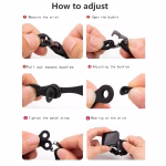Bracelet Apple Watch EzStrap en silicone noir mat, style sport avec structure chaînée flexible, montré étape par étape lors de son ajustement par des mains masculines.