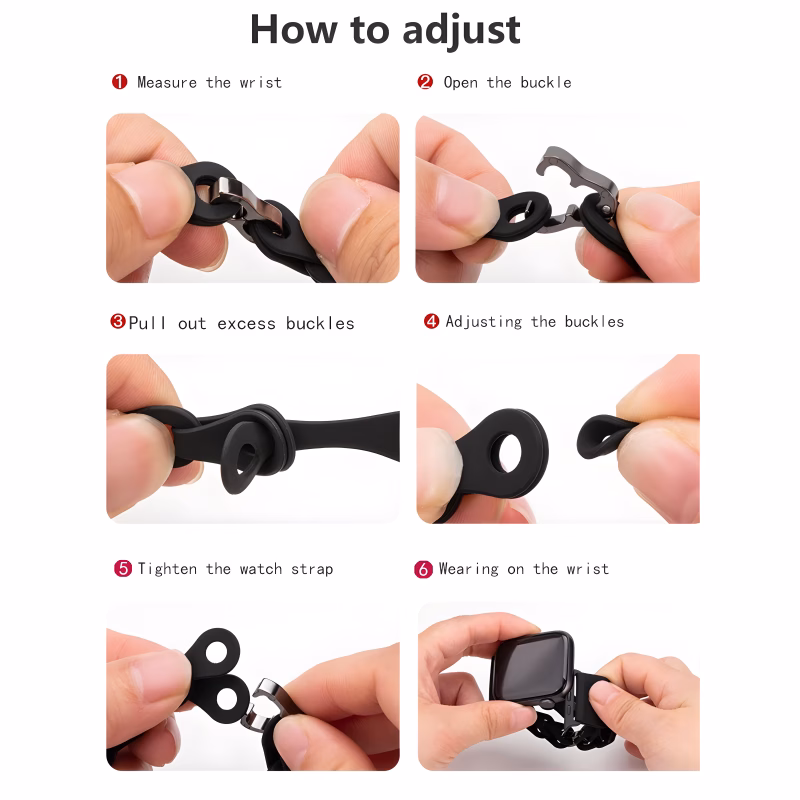 Bracelet Apple Watch EzStrap en silicone noir mat, style sport avec structure chaînée flexible, montré étape par étape lors de son ajustement par des mains masculines.