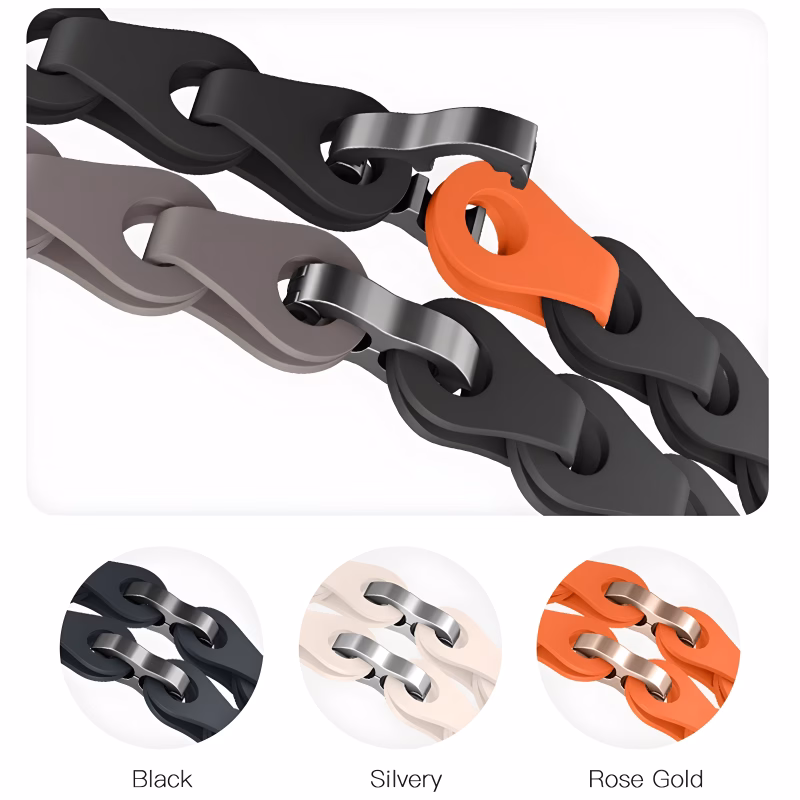 Bracelet Apple Watch EzStrap en silicone mat style sport, à structure chaînée flexible, présenté en gros plan sous plusieurs coloris (noir, argenté, rose gold et orange).