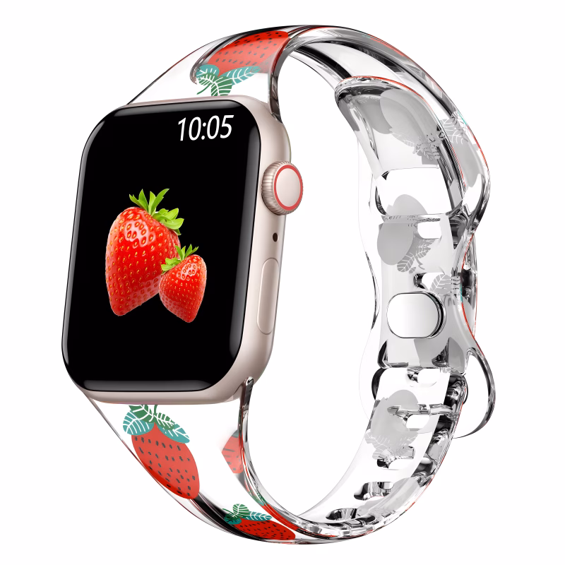 Bracelet Apple Watch en TPU Souple Style Papillons Imprimés - EzStrap - Transparent/Fraises Rouges