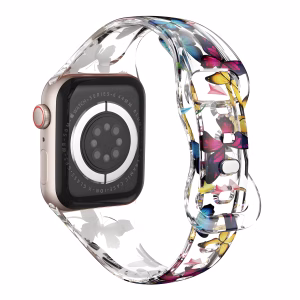 Bracelet Apple Watch EzStrap en silicone transparent à motif papillons colorés, présenté en gros plan sur fond blanc.