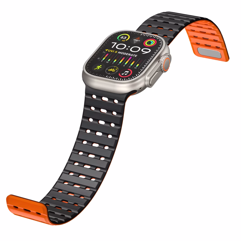 Bracelet Apple Watch Gel Silicone à Perforations Aérées - EzStrap - Noir/Orange