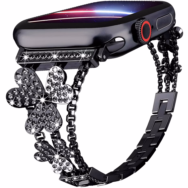 Bracelet Apple Watch Métal à Chaînettes Doubles et Fleurs Serties de Cristaux - EzStrap - Graphite