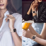 Bracelet Apple Watch EzStrap en métal scintillant, style luxe avec chaînettes doubles et fleurs serties de cristaux, porté au poignet de femmes dans différents contextes quotidiens.