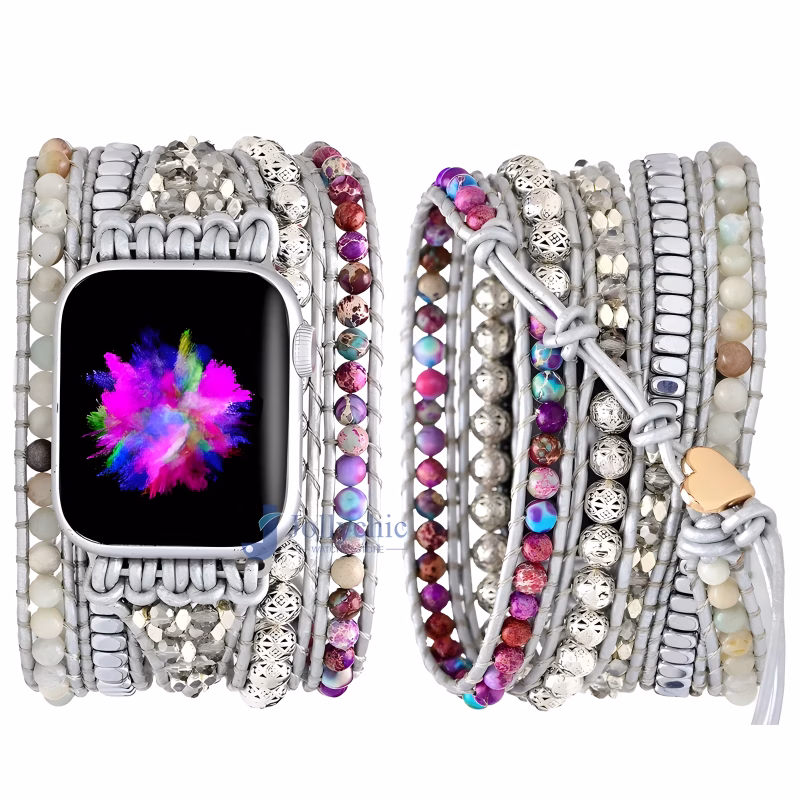 Bracelet Apple Watch Multi-Couches en Cuir Tressé et Perles - EzStrap - Gris/Multicolore Flashy