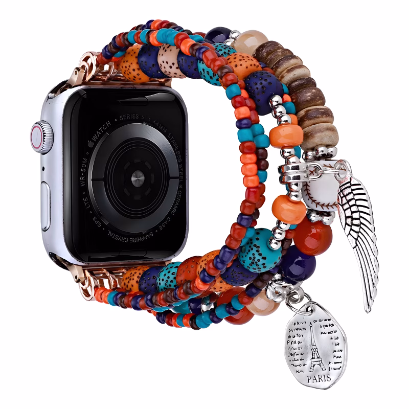 Bracelet Apple Watch EzStrap multirangs en métal, bois et pierres colorées, de style artisanal et texturé, présenté en gros plan sur fond blanc.