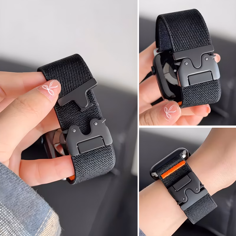 Bracelet Apple Watch EzStrap en nylon noir texturé, style sport avec boucle à clip parachute, présenté en gros plan sur un poignet et tenu en main.