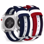 Bracelet Apple Watch EzStrap en nylon tissé au style sport, avec des rayures tricolores bleu, blanc et rouge, présenté en gros plan sur fond blanc.