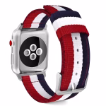 Bracelet Apple Watch EzStrap en nylon tissé texturé de style sport, avec un motif à rayures tricolores rouge, blanc et bleu, présenté en gros plan sur fond blanc.