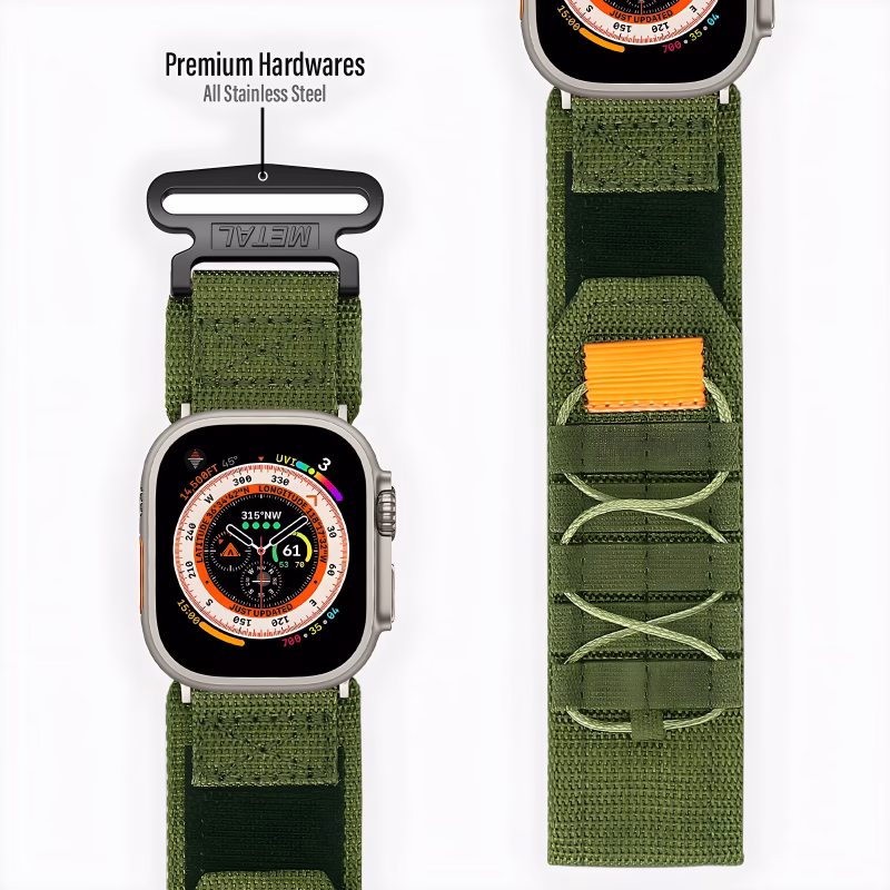 Bracelet Apple Watch EzStrap en nylon vert texturé, style sport avec couture apparente et boucle textile, présenté en gros plan sur fond blanc.