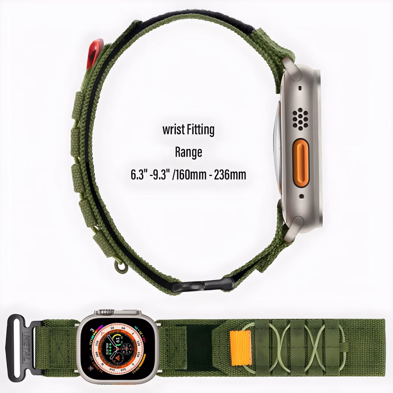 Bracelet Apple Watch EzStrap en nylon vert texturé, de style sport avec boucle textile, présenté en gros plan sur fond clair avec la montre affichée de face et de côté.